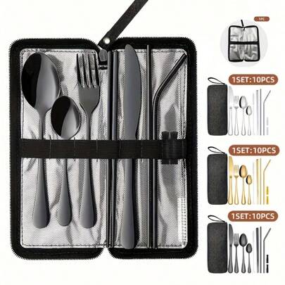 1/10件套不锈钢餐具，可重复使用，带便携式餐具盒，包含筷子、吸管、分隔器、叉子、勺子、吸管刷，黑/金/银色可选，露营野餐餐具套装，户外单人餐具套装