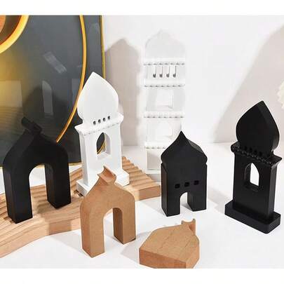Islamic Wooden Decor Set – Modern Mosque & Minaret Ornaments In Black, White & Natural Wood, Perfect For Ramadan, Eid Or Home Interior Design,Ramadan Decoration