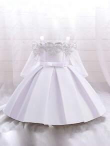 Baby Girls Lace Mid-Sleeve Embroidered Bow Satin Cute Flower Girl Wedding Dress, Suitable For Birthday Celebration, Vacation, Does Not Include Headband - White - View 2