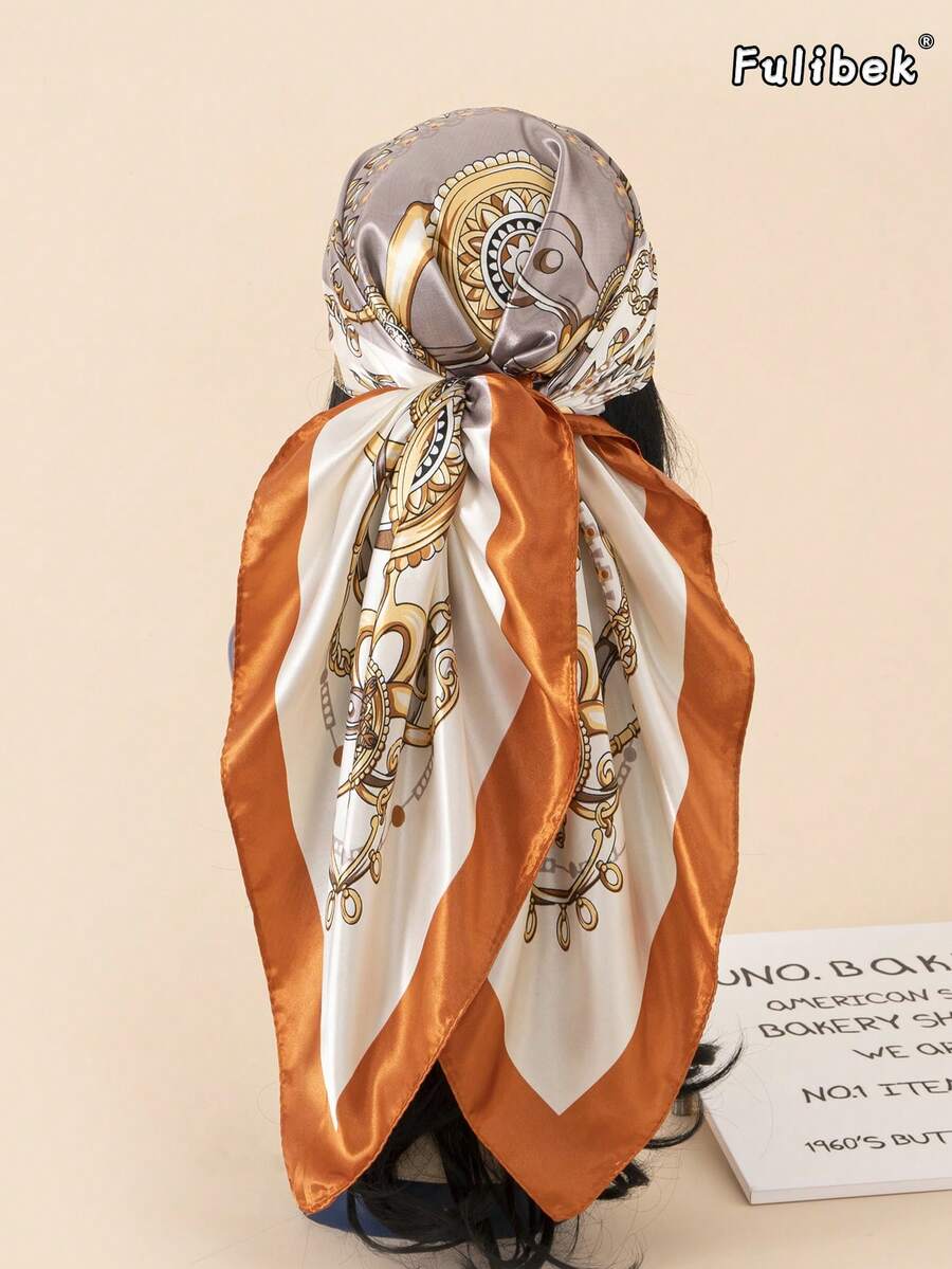 1条90厘米印花真丝围巾/头巾，女士时尚配饰，适合海滩、度假和日常生活，为您的装扮增添时尚气息。 - 橘色 - 查看 1