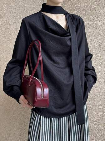 Asymmetric/Asymmetrical Button Loose Fit Long Sleeve Shirt With Neck Tie, Fashionable Blouse, Black, Spring 2025 Korean Style