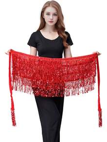 Sequin Belly Dance Scarf Tassel Wrap Sparkly Fringe Skirt With Pair Heart Party Rave Costume Women - 紅色 - 查看 2