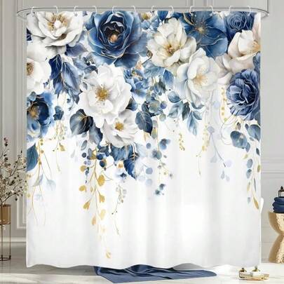 Blue And White Floral Shower Curtain,Spring Flower Rose Plant Botanical Eucalyptus Leaf Girls Navy Watercolor Wildflower With Plastic Hooks,Bathroom Decor
