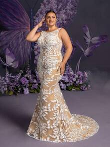 Faeriesty Elegancka, koronkowa sukienka syrenka w kolorze cielistym i białym, bez rękawów i okrągłym dekoltem, z koronką z trójwymiarowymi kwiatowymi motywami, głębokim dekoltem w serek i odkrytymi plecami, z frędzlami | Odpowiednia dla gości weselnych, eleganckich przyjęć, zaręczyn, walentynek - Biały - Zobacz 6