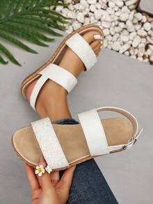 Flat Sandals For Women Comfortable Elastic Strap Walking Sandals Rhinestone Open Toe Casual Sandals - White - View 5