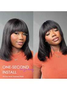 34Inch 180% Density Straight Glue-Less Put On And Go Bob Wig With Bangs Blended Human Hair - Bang Straight Human Hair Wig, Glueless Bob Wig Full Machine Made None Lace Front Wig For Women - Natural Black - 查看 3