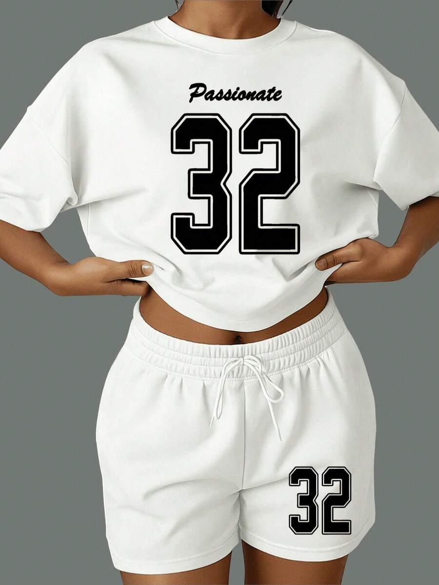 Women's Set: Basic T-Shirt And Printed Jersey Style Short Sweatshirt. Passionate 32 Complete Summer Look, Comfortable, Casual, Stylish. - trắng - Xem 1