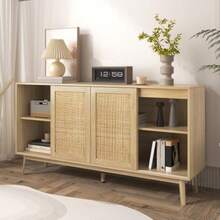 The Dining Room Cabinet Is Equipped With 3 Sliding Doors In Real Rattan Wood And 2 Drawers, With Dimensions Of 155x38x80 Cm, Breathable, Stable And Multifunctional. - Khaki - View 3