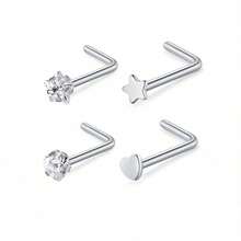 4pcs Cute Women's Nose Stud Set, 20g Stainless Steel Heart Star Design Cubic Zirconia, L-Shaped Screw, Daily Wear - Nose Ring Set - View 7