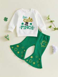 Toddler Baby Girl St Patricks Day Outfit Shamrock Long Sleeve Letter Print Sweatshirt Flare Pant Sets Little Kids Irish Clothes - 白色 - 查看 1