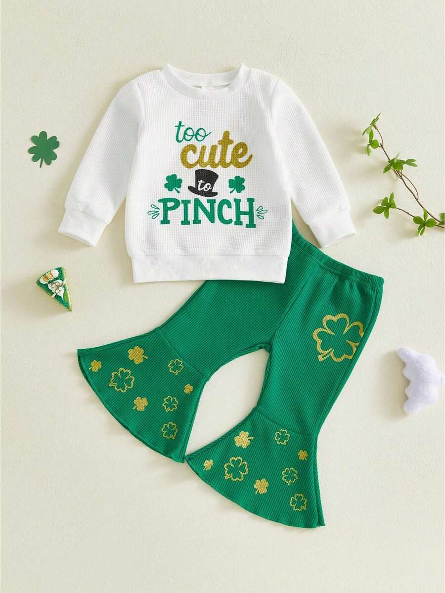 Toddler Baby Girl St Patricks Day Outfit Shamrock Long Sleeve Letter Print Sweatshirt Flare Pant Sets Little Kids Irish Clothes - 白色 - 查看 1
