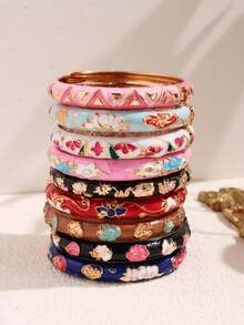 20/15/12/10/7/5/3/1件 随机颜色 几何纹理 复古优雅 奢华宫廷珐琅手镯，彩色涂鸦花卉几何线条手镯 - 彩色 - 查看 7
