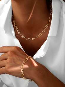 两件套不锈钢心形锁骨链项链和手链套装，优雅简约镂空心形设计锁骨项链精致手链，情人节完美礼物，适合女性日常佩戴 - 金色 - 查看 6