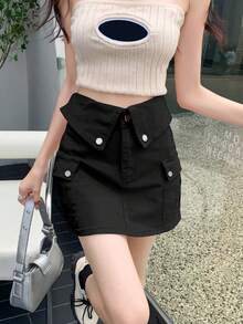 女士夏季休闲束口腰带工装口袋牛仔迷你裙 - 黑色 - 查看 5