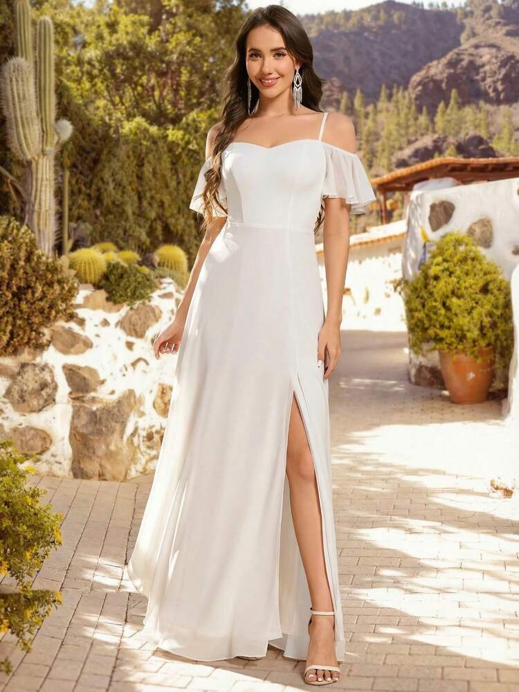 white off the shoulder bridesmaid dress Elegant Off-Shoulder Chiffon Dress, Suitable For Weddings And Graduation Ceremonies Spring Fall This glamorous