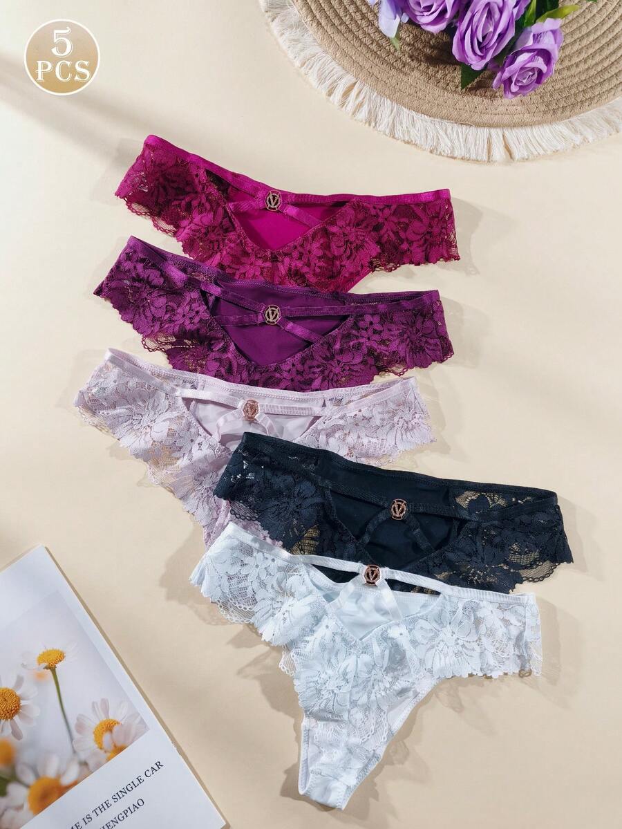 5pcs/Pack Women's Lace Elegant & Comfortable Low-Rise Panties - Multicolor - View 1