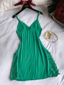 3 Pieces Of Women's Solid Color Sexy Lingerie, Bowknot Lace Splicing Nightdress, Side Split Suspender Skirt, Sexy Lace Underwear Nightdress Bottoming Skirt - 綠色+粉紅色+灰色 - 查看 2