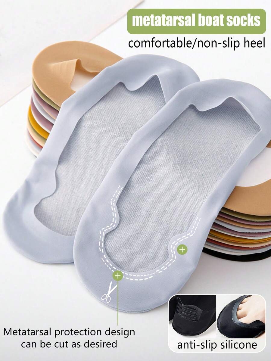 2/5/7 Pairs Women's Multi-Color Heel Cushion Boat Socks, Thin Ankle Socks For High Heels, Non-Slip, Invisible, Versatile For Daily Wear, Spring/Summer/Autumn - Multicolor - View 1