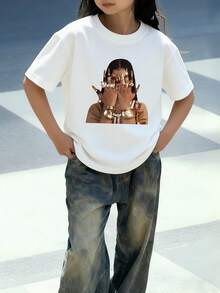 1 件女童休闲字母印花圆领短袖 T 恤，夏季学生年轻休闲装 - 简约英文字母风格 T 恤激发想象力和自我表达 - 白色 - 查看 3