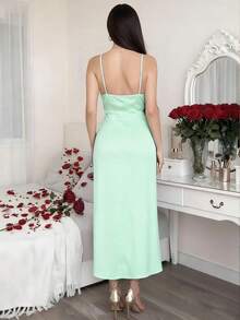 Women's Solid Color Ruffled Collar High Slit Side Pleated Sexy Spaghetti Strap Party Dress, Red Summer Elegant - Green - View 2