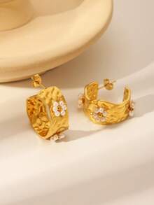 1 Đôi bông tai hình chữ C đính ngọc trai giả kiểu cổ điển, mang phong cách sang trọng và thời trang retro, được làm thủ công từ thép không gỉ mạ vàng 18K, đa năng và thiết kế đẹp mắt. - Vàng - Xem 4