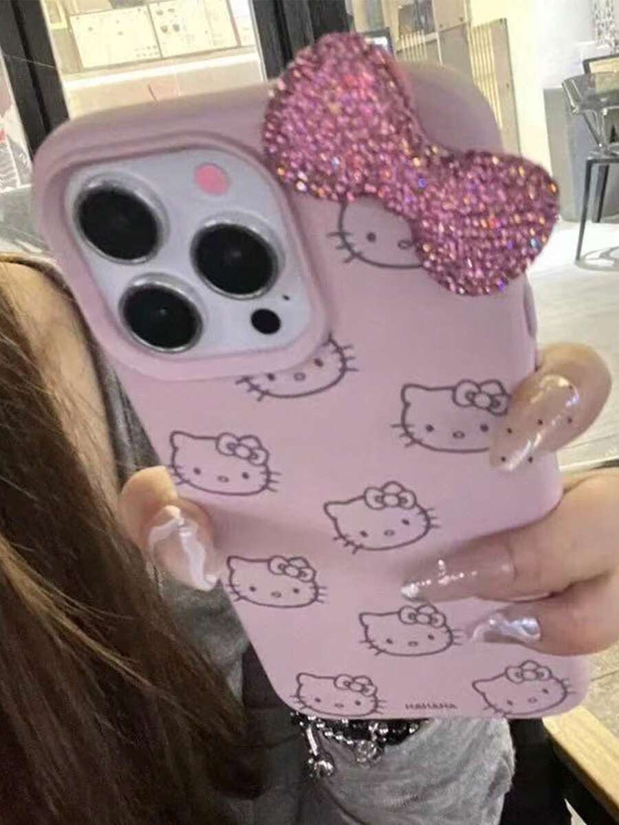 Sanrio Cartoon Bow Knot Kitty Cat Apple 16 ProMax Phone Case, High-Quality Pink Phone Protective Cover Compatible With Iphone 17/15 ProMax, 14, 13 New Models, 12 Full Coverage - Pink - View 1