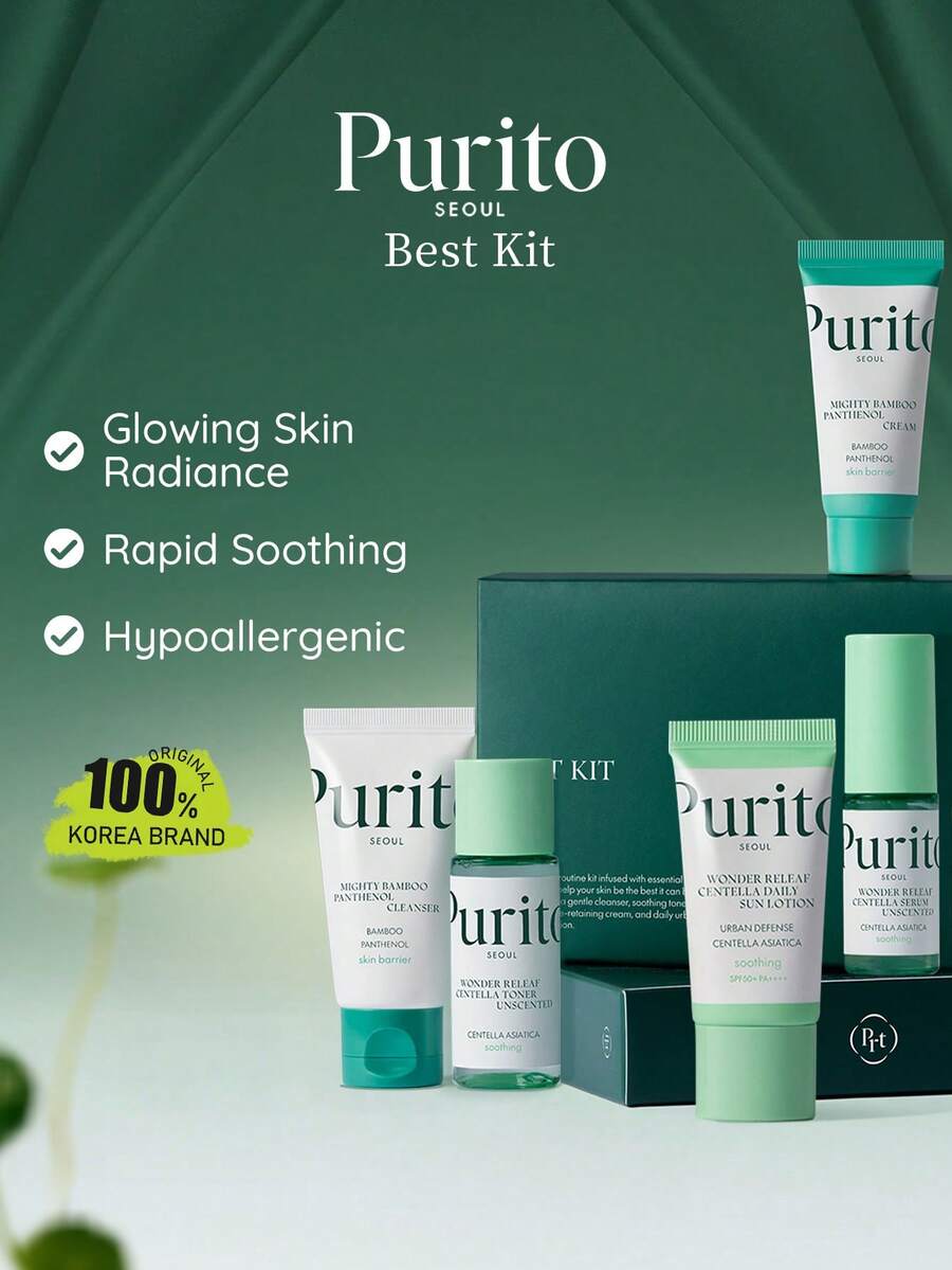 Purito SEOUL BEST KIT 105ml/3.52 Fl.Oz 多步驟保養套組，舒緩鎮靜、保濕穩定，天然植物萃取，溫和低刺激配方，適合所有膚質，K-Beauty 韓系美妝，OliveYoung，禮品