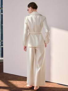 Sollinarry 女士春夏新款时尚纯色口袋装饰腰带开衫外套和阔腿裤两件套，复古风格，适合办公室和教师穿着 - 杏色 - 查看 5