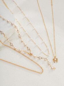 4件套复古朋克波西米亚风人造珍珠蝴蝶结Y型项链套装，优雅设计，适合女性日常、通勤、派对、约会等场合，也是送给女友或母亲的礼物。 - 金黃色 - 查看 3