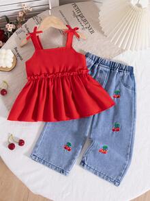 Spring/Summer Baby Girls Cute Red Ribbon Bow Ruffle Trim Camisole & Cherry Embroidery High Waist Loose Denim Pants Set - Red - View 1