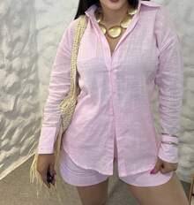Women's Linen Set With Lined Shorts And Shirt - 淺粉色 - 查看 2
