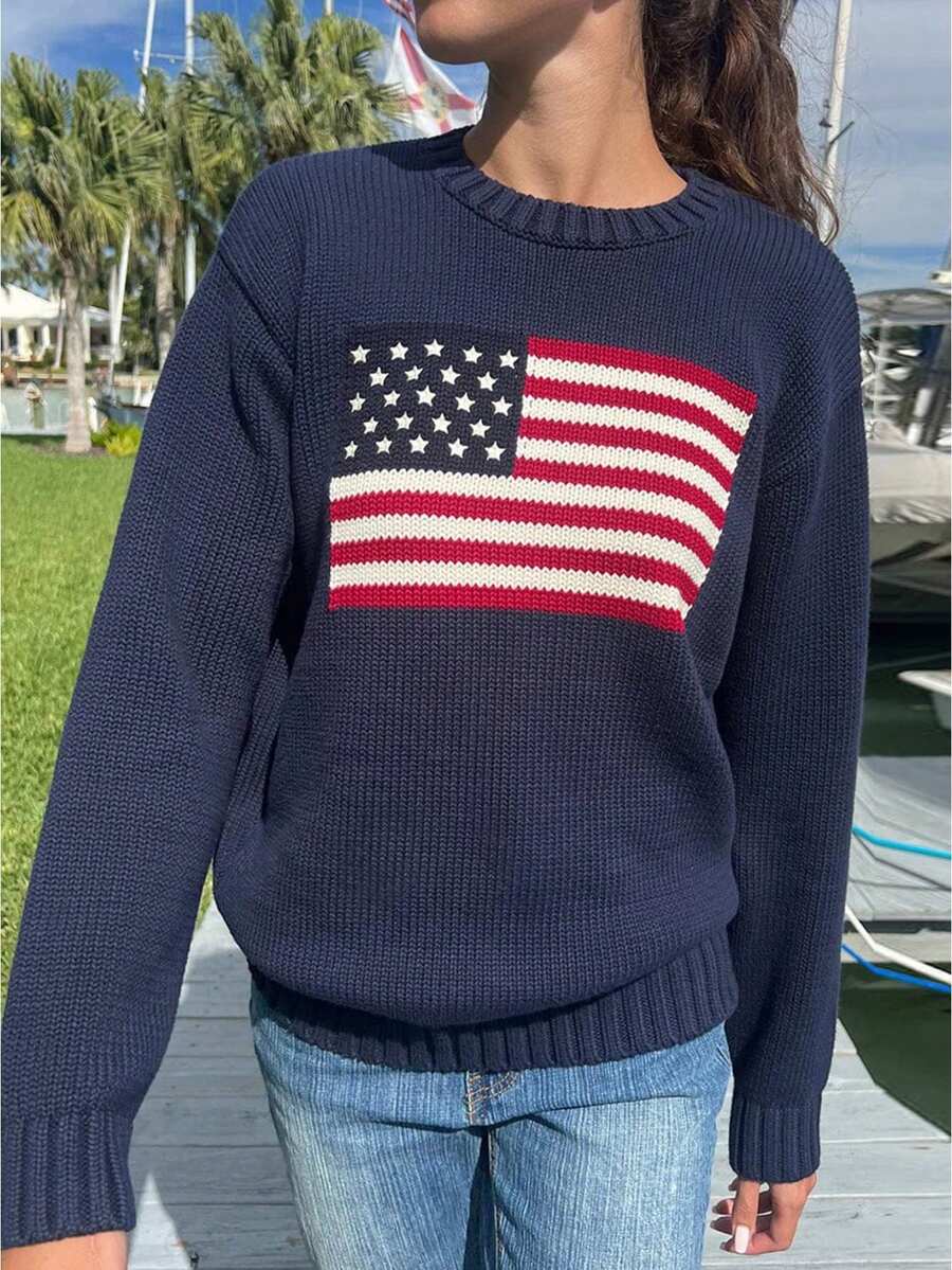 Women's Long Sweaters Flag Patterned Long Sleeve Round Neck Ribbed Loose Knitted Tops - Navy Blue - View 1