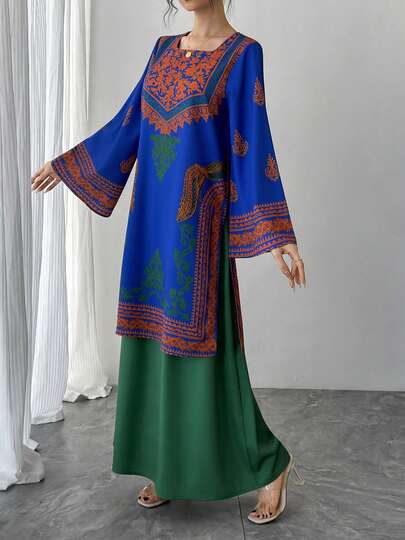2pcs Women's Set, Blue Placement Print Square Neck Flare Sleeve Crop Top + Green Elastic Waist Skirt, Elegant Arabic Style Luxury Contrast Color Formal Outfit For Party, Holiday, Daily Wear