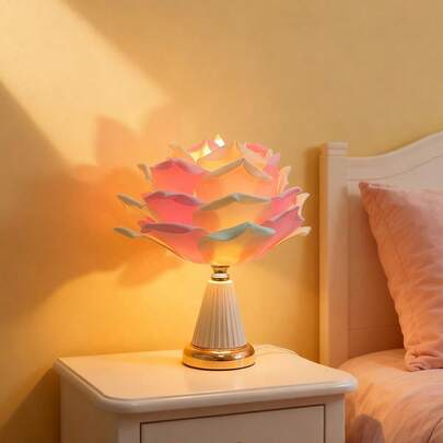 Elegant Minimalist Dual-Tone Pink & White Large Rose Flower Lamp, Lotus Shaped Cute Small Desk Lamp, Warm Romantic Decor Bedside Light, Gift
