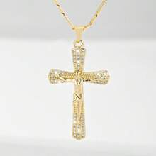 1pc Classic European Style Copper Inlaid Zirconia Jesus Cross Pendant Necklace, Limited Edition "Light Of Protection", Suitable For Christmas, Thanksgiving, Halloween, Mother's Day, Valentine's Day, Gifts For Couples, Friends, Church Members, First Holy Communion, Daily Wear And Prayer - Yellow Gold - View 8