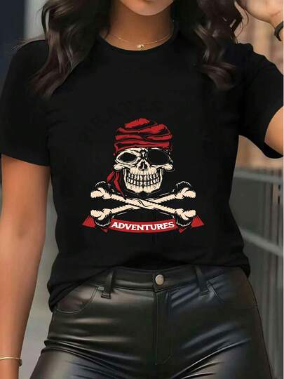 Women's Short Sleeve Graphic T - Shirt Pirate Skull Print "PIRATES BAY SEA ADVENTURES" Crew Neck Casual Tee Top For Summer Streetwear Fashion