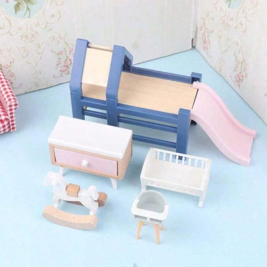 1:12 迷你娃娃屋卧室套装 - 滑梯、特洛伊木马、桌子、椅子和床家具配件 - 彩色 - 查看 1