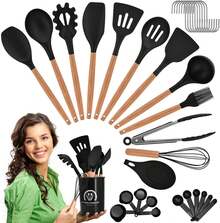 34 Piece Silicone Heat Resistant Kitchen Utensil Set with Ergonomic Wooden Handles, Easy To Clean & Non Stick - Negro - Ver 4