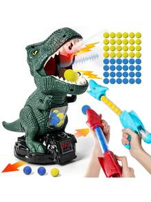 Movable Dinosaur Shooting Toy For Kids 3 4 5 6 7+ Years, 2 Air Pump Guns & 48 Foam Balls, LED Score + Spray Sound, T-Rex Target Game - Green - View 8