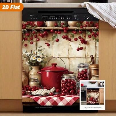 1片红白格纹磁性电器保护贴 - PVC材质，防水、耐热、易清洁、可重复使用，适用于洗碗机、冰箱和烘干机。防锈表面，乡村风格设计。