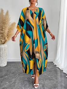 New Summer Loose Drawstring Tie-Dye Women Dress With Notched Collar And Puff Sleeves (Random Print) - Yellow Blue - View 6