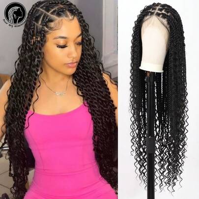 360° HD Full Lace Braided Wig Knotless Boho Braided Wig With Curly Ends Women Twist Braids Full Lace Wig With Baby Hair Handmade Crochet Synthetic Braided Lace Wig 36 Inch