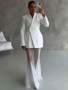 French Celebrity Style Solid Color Long-Sleeved Suit Micro-Transparent Mesh Skirt Suit - 白色 - 查看 1