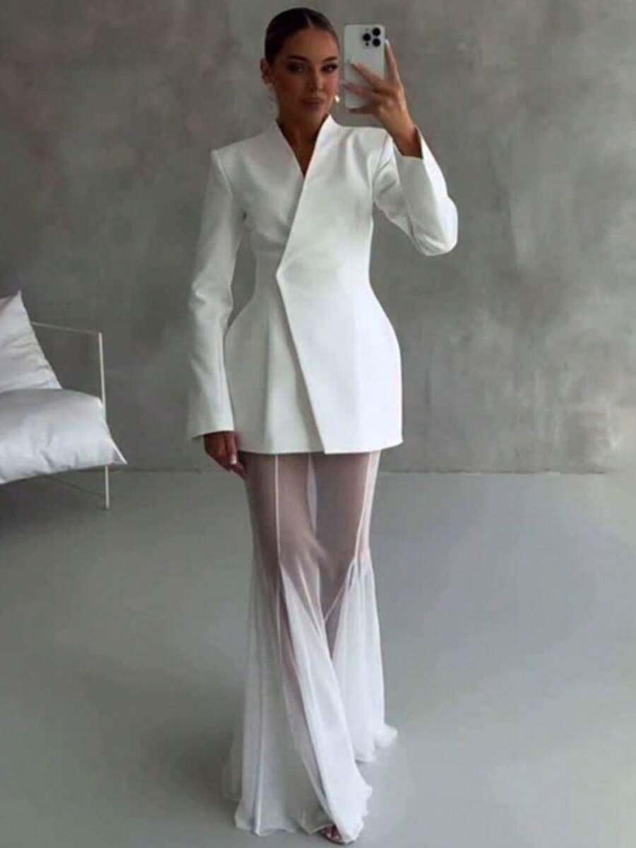 French Celebrity Style Solid Color Long-Sleeved Suit Micro-Transparent Mesh Skirt Suit - 白色 - 查看 1