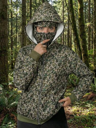 Överdimensionerad och normallång huvtröja med dragkedja, ansikts- och huvudskydd, damtröja med dubbel känguruficka och varmt kamouflagetryck, lämplig för vinter/höst/vår, för högtider/skola/hemma/vardag/streetwear, minimalistisk/Y2K/vardaglig/college/streetstyle/kontor/fashionista, alla hjärtans dag/påsk/lärarens dag/St. Patrick's Day, damkläder för höst och vinter, damkläder för vinter, damhuvtröjor, damtoppar, snygga huvtröjor