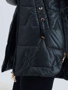 Mid-Length Glossy Down Jacket - Drawstring Hooded Collar With Metal Details | Warm For Autumn/Winter: Suitable For Daily Wear And Commuting - Black - View 6