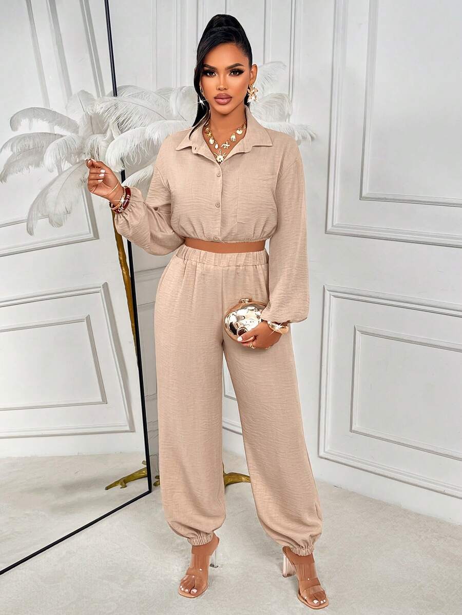 AIJ 女士优雅休闲通勤纯色短袖衬衫和阔腿裤两件套 - 卡其色 - 查看 1