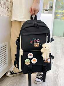 Baila Morena Kit Of 5 Bags With Tag, Buckle, School Backpack, Multi-Pocket Tote Bag, Shoulder Bag, Crossbody Bag, Pencil Case, Coin Purse, Multifunctional, Adjustable Strap, Pendant, Brooch - Rosa Ursinho - 查看 3