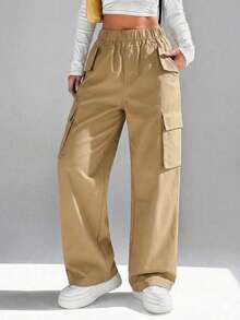 1pc Teen Girls Casual Loose Straight Leg Pants, Fashionable Personalized Street Style Multi-Pocket Cargo Pants, Suitable For Spring, Summer, Autumn, Winter - Khaki - View 9