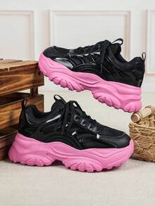 Black Leather Women's Sneakers, Minimalist And Fashionable Design With Pink Thick Soles, Suitable For All Seasons, Unisex Couple Shoes, Thick Soles, Height Increasing, Non-Slip, Comfortable And Versatile, Platform Wedge Sneakers, Ideal For Holiday Gifts And Parties. - Black - View 5